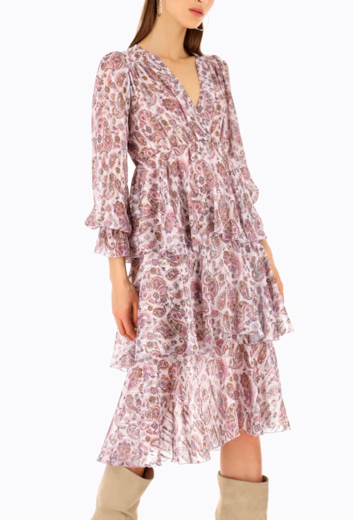 Vestido Cruzado com Folhos e Manga Abalonada