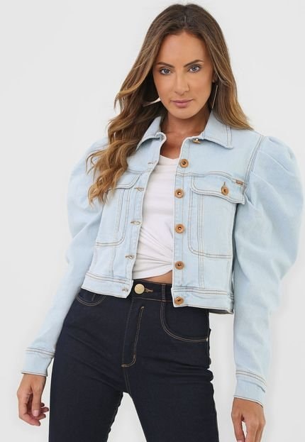 Casaco de ganga cropped com mangas abalonadas