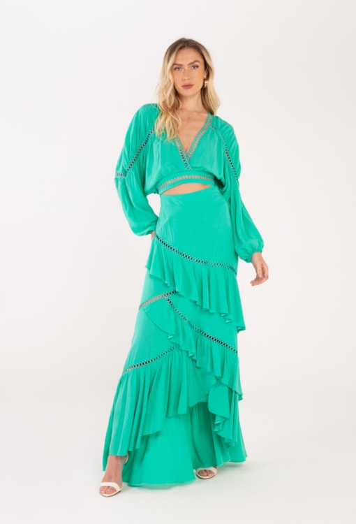 Saia midi com folhos