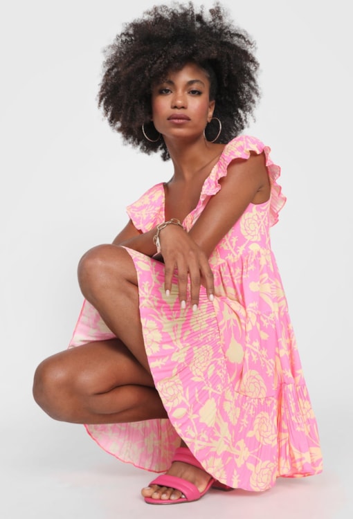 Vestido Curto Floral Plissado